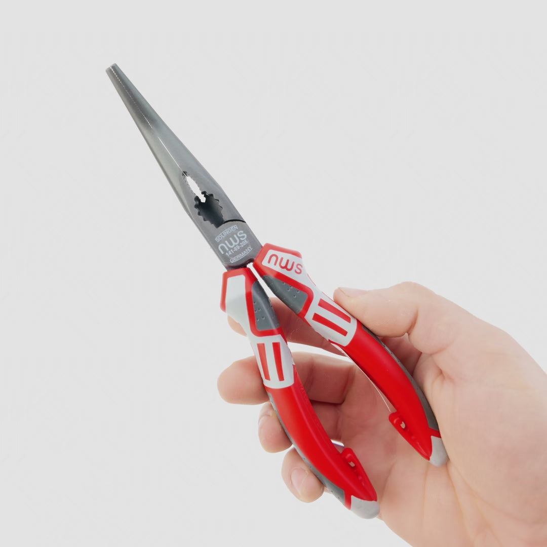 NWS 8" Chain Nose Pliers (Radio Pliers), angled 45 deg - TitanFinish - SoftGripp, Tethered Attachment