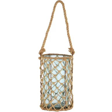 10″ Decorative Teal Glass and Jute Round Pillar Candle Holder with Handle