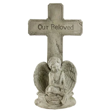 11.75″ Sandy Brown “Our Beloved” Cross with Seated Angel Memorial Statue: Tranquil Remembrance