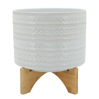 11″ White and Beige Tribal Ceramic Planter with Stand