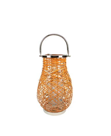 13.5″ Modern Orange Decorative Woven Iron Pillar Candle Lantern with Glass Hurricane