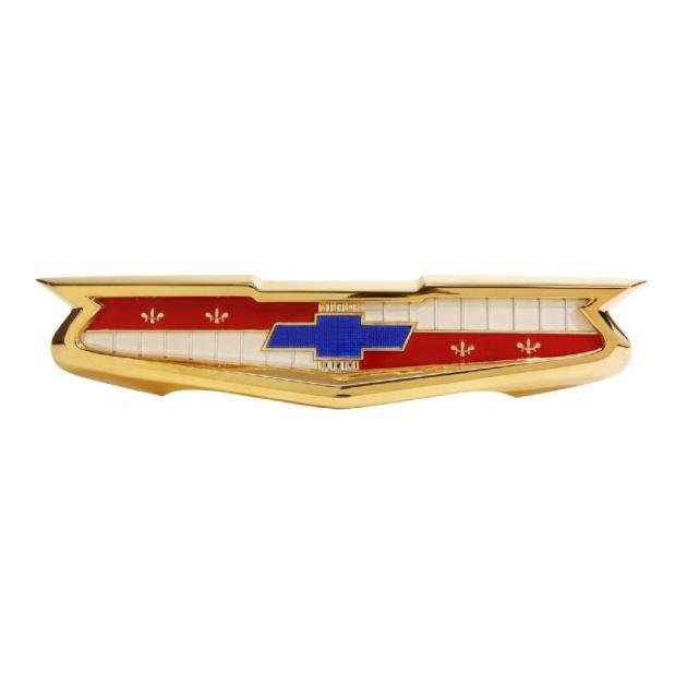Trim Parts 57 Full-Size Chevrolet Gold Trunk Emblem Assembly, Bel Air 6-Cylinder, Each 1399