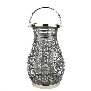 16.25″ Modern Gray Decorative Woven Iron Pillar Candle Lantern with Glass Hurricane