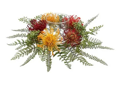 17″ Red Protea and Fern Artificial Candle Ring with Glass Pillar Holder