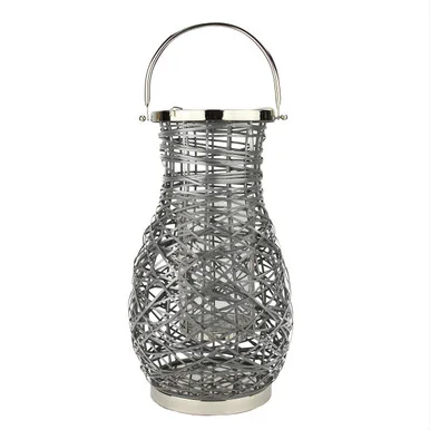 18.5″ Modern Gray Decorative Woven Iron Pillar Candle Lantern with Glass Hurricane