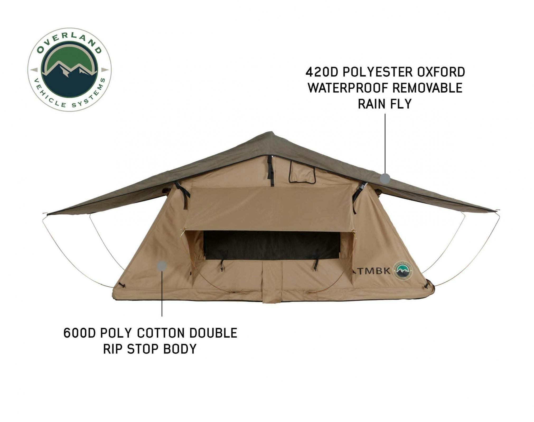 Overland Vehicle Systems 18119933 3 Roof Top Tent Tan Base With Green Rain Fly