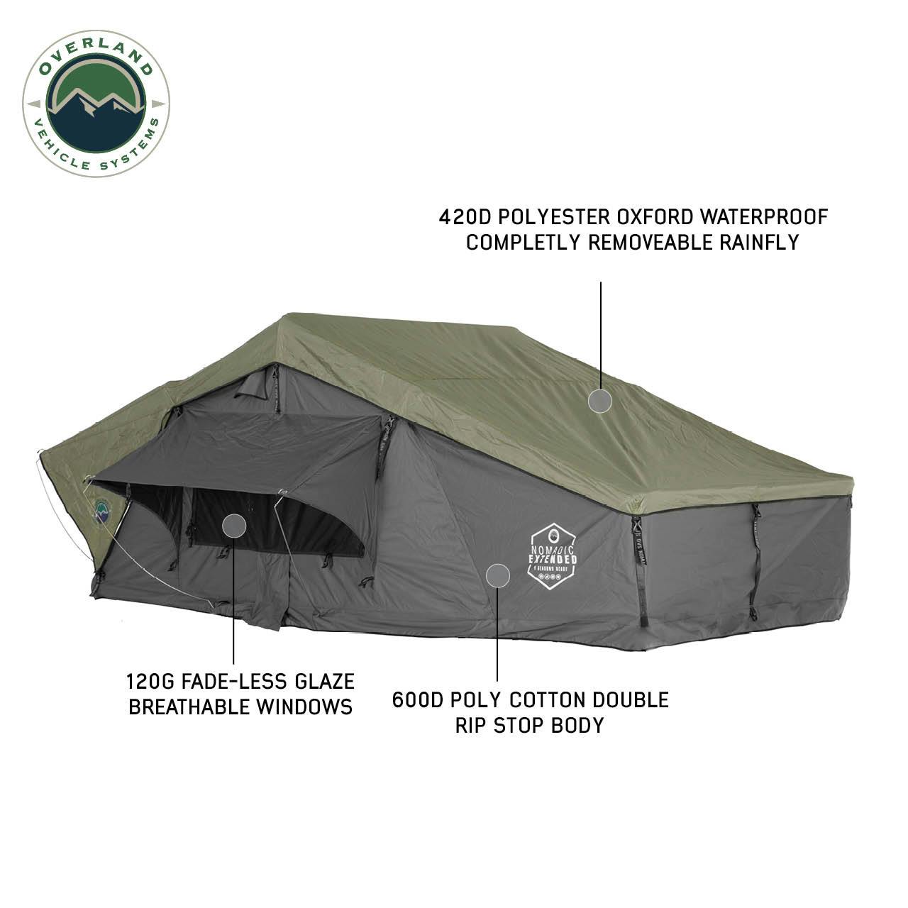 Overland Vehicle Systems 18349936 N4E Nomadic 4 Extended Roof Top Tent Gray Body Green Rainfly