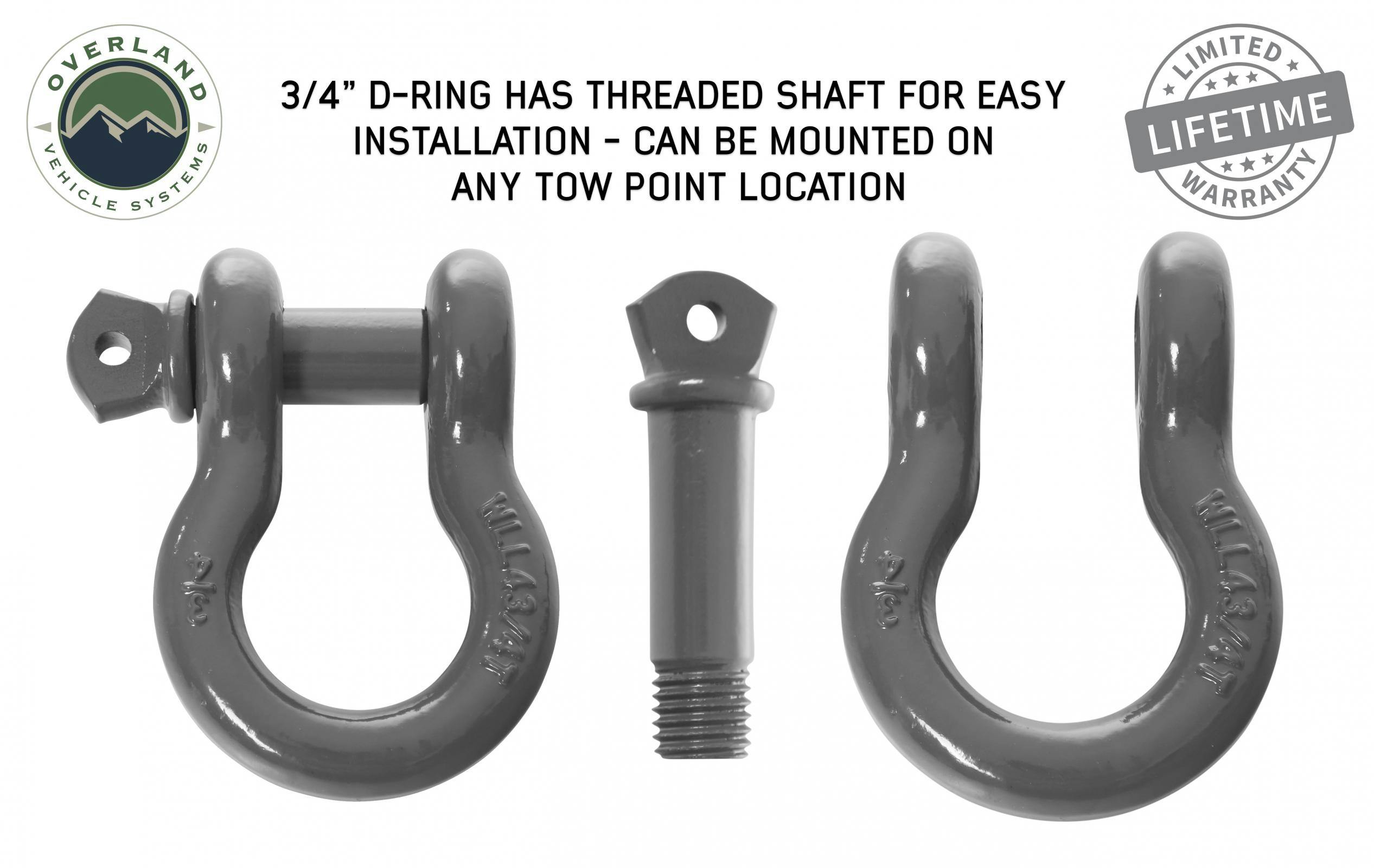 Overland Vehicle Systems 19010206 Recovery Shackle 3/4 4.75 Ton Grey - Sold In Pairs