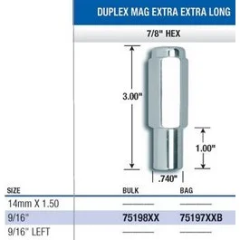 Gorilla 75198XX – Duplex Mag Extra Long Lug Nuts (3.0″ Long) 9/16″ (Set of 16)