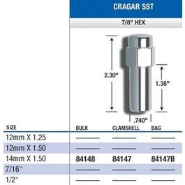 Gorilla 84147B – Cragar Sst Lug Nuts 14mm x 1.50 NOTE: 7/8″ HEX .740 SHANK DIAMETER (Quantity: Pack Of 4)