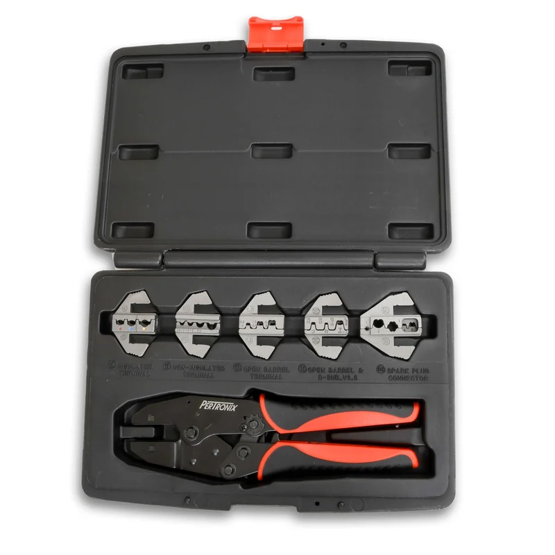 Pertronix T3001 – QUICK CHANGE RATCHET CRIMP KIT. THIS KIT HAS 5 DIES INCLUDED. INSULATED, NON-INSULATED, OPEN BARREL, D-SUB, AND SPARK PLUG WIRE TERMINALS