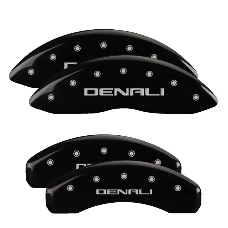 MGP 34208SDNLBK – 4 Caliper Covers Engraved Front & Rear Denali Black finish silver ch