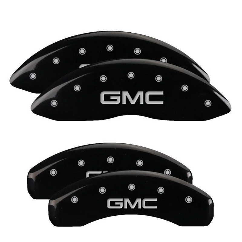 MGP 34208SGMCBK – 4 Caliper Covers Engraved Front & Rear GMC Black finish silver ch