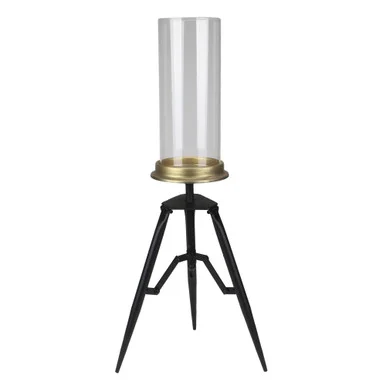 22.5″ Hurricane Glass Candle Holder With A Gold Base And Black Metal Foldable Stand Table Top Decor