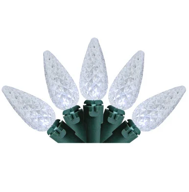 35 Battery Operated White Faceted LED C6 Christmas Lights – 11 ft Green Wire