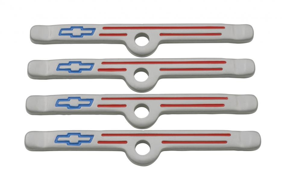 Proform Engine Valve Cover Holdown Clamps, Gray with Blue Bowtie Logo, SB Chevy, 4 Pcs 141-366