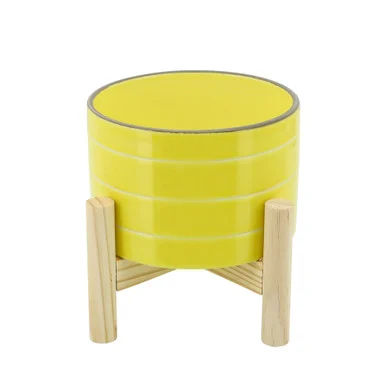 6″ Yellow Ceramic Striped Decorative Planter with Stand