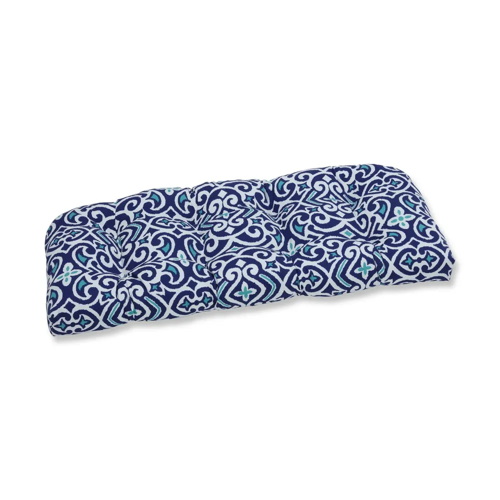 Damask Tufted Outdoor Patio Wicker Loveseat Cushion – 44″ – Cobalt Blue and White