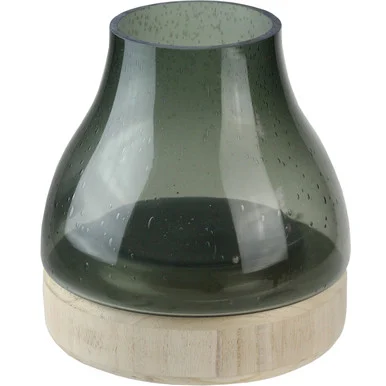7.75″ Storm Gray Bubble Glass Pillar Candle Holder with Wooden Base