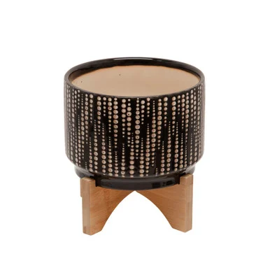 7″ Black and Brown Ceramic Dotted Standing Planter with Stand