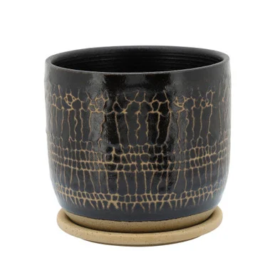 8″ Black and Beige Ceramic Glazed Planter with Saucer