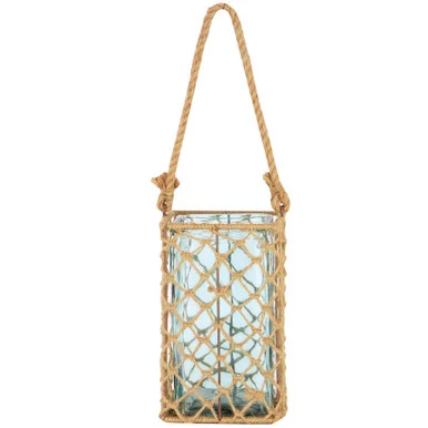 9.5″ Decorative Teal Glass and Jute Square Pillar Candle Holder with Handle
