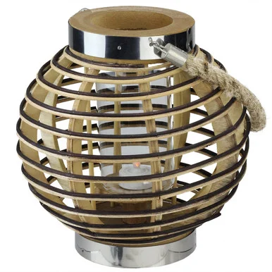 9.5″ Rustic Chic Round Rattan Decorative Candle Holder Lantern with Jute Handle