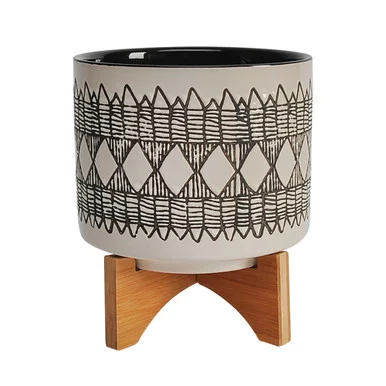 9″ Gray Ceramic Aztec Decorative Planter with Stand