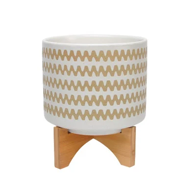 9″ White and Beige Ceramic Zigzag Planter with Stand