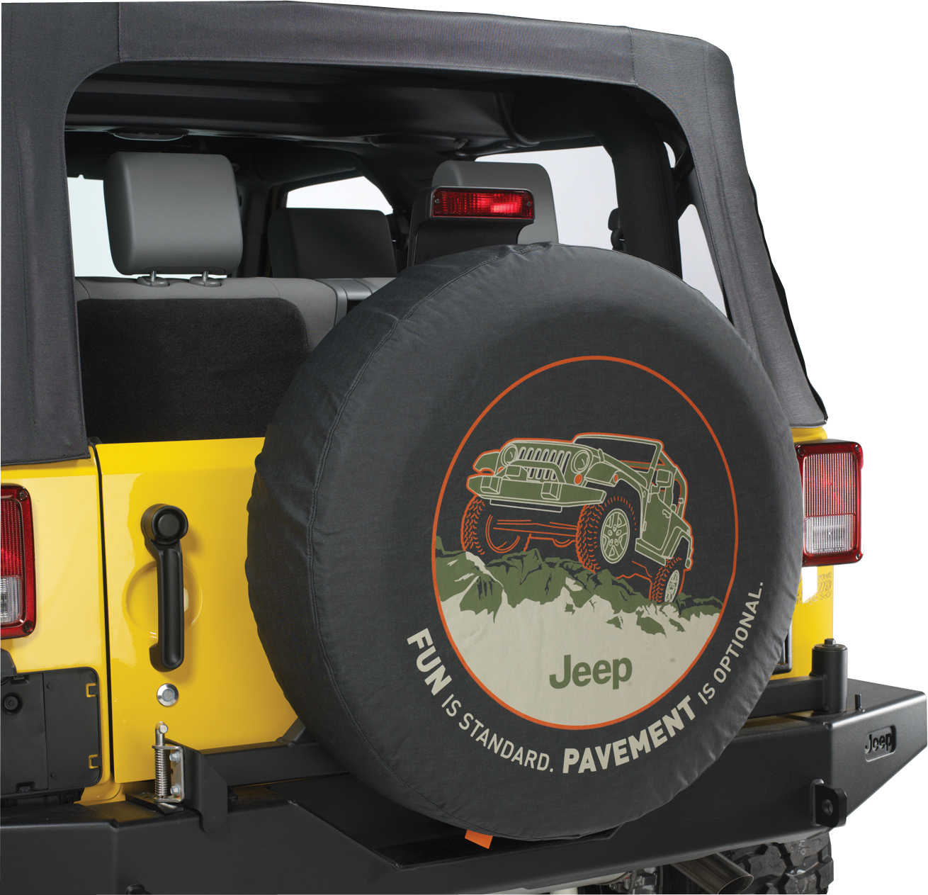 Mopar Jeep Logo Tire Cover Black Denim with "FUN is Standard. PAVEMENT is Optional"