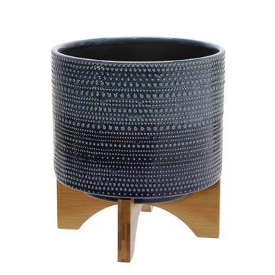 Ceramic Dotted Planter with Stand – 8″ – Blue and Brown
