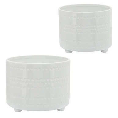 Ceramic Outdoor Dotted Footed Planters – 12″ – White – Set of 2