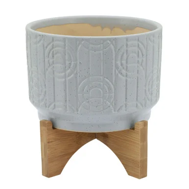 Circle Ceramic Planter with Stand – 7″ – White and Brown