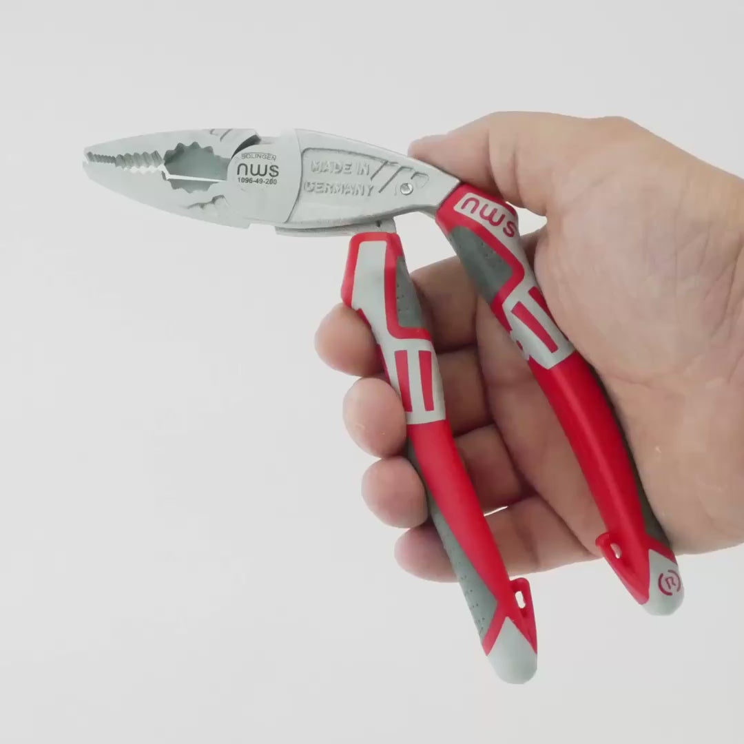 NWS 8" Ergonomic High Leverage Combination Pliers ErgoCombi - Matte Chromium - SoftGripp, Tethered Attachment