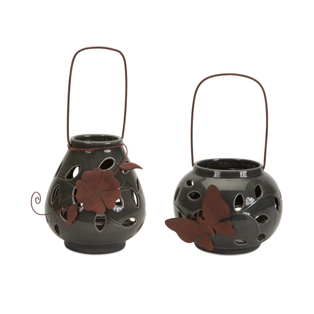 Set of 2 Gray Leaf Cutout Butterfly and Flower Accented Lanterns 7.75″