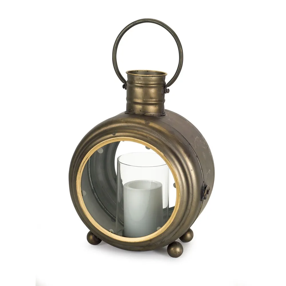 Set of 2 Bronze and Clear Round Lantern with Glass Panels 14″