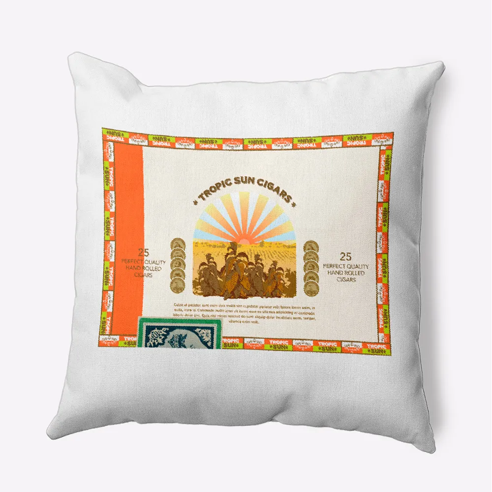 16″ x 16″ White and Orange Cigar Box Front Outdoor Throw Pillow