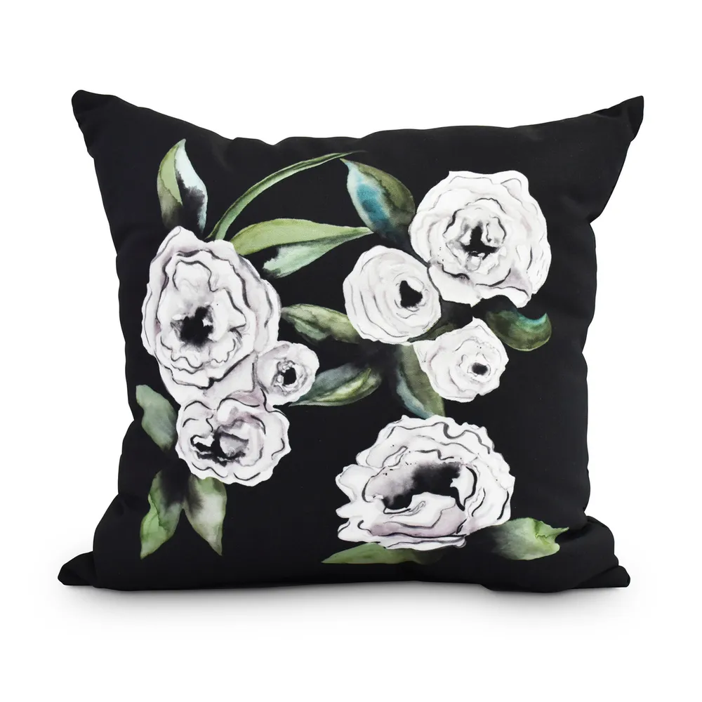 20″ x 20″ Black and White Square Radiant Rose Outdoor Throw Pillow