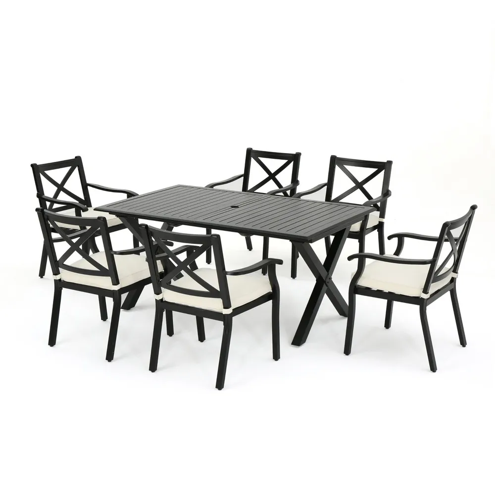7-Piece Black Aluminum Outdoor Furniture Patio Expandable Dining Set – Ivory Cushions