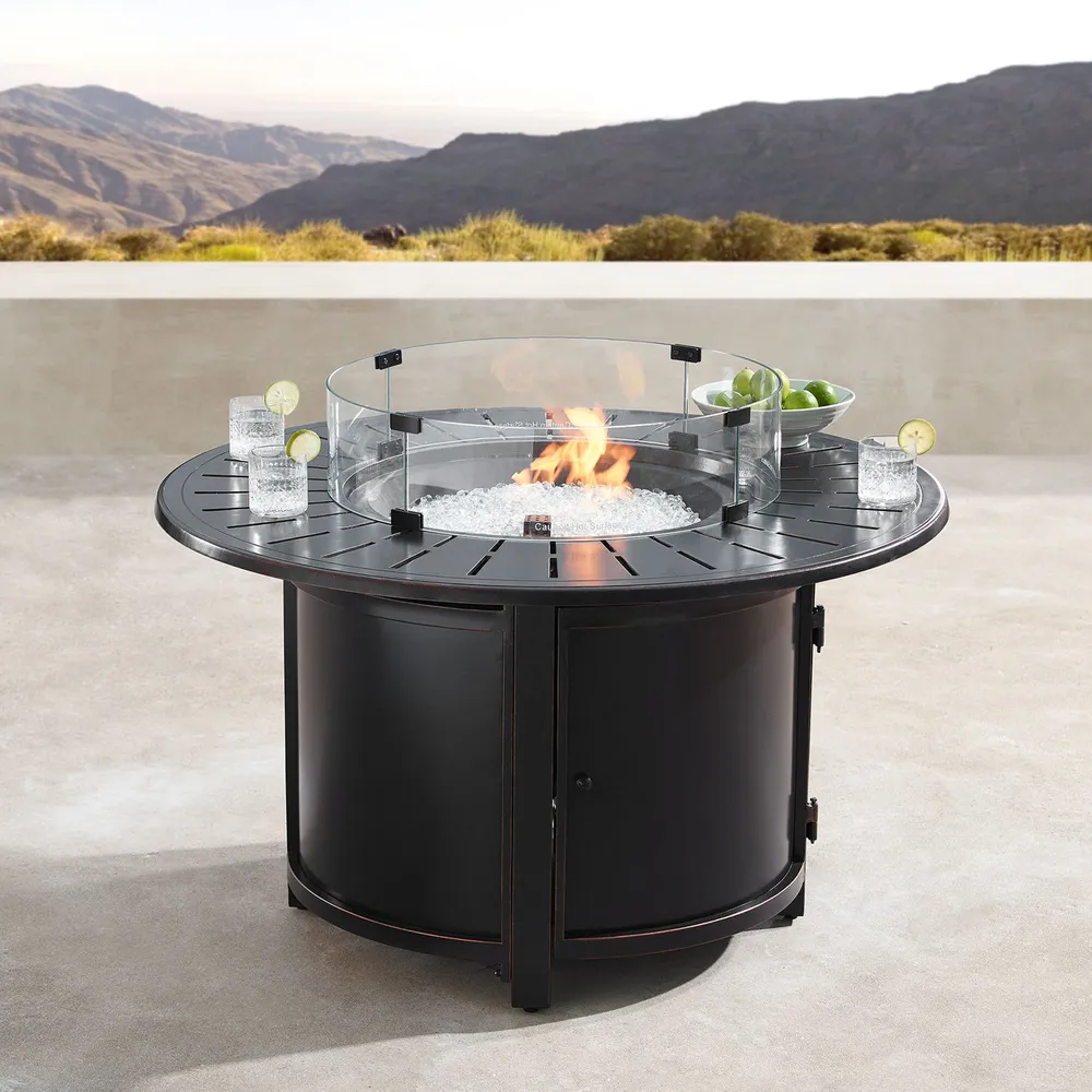 44″ Black and Clear Round Propane Outdoor Fire Table with Wind Blockers