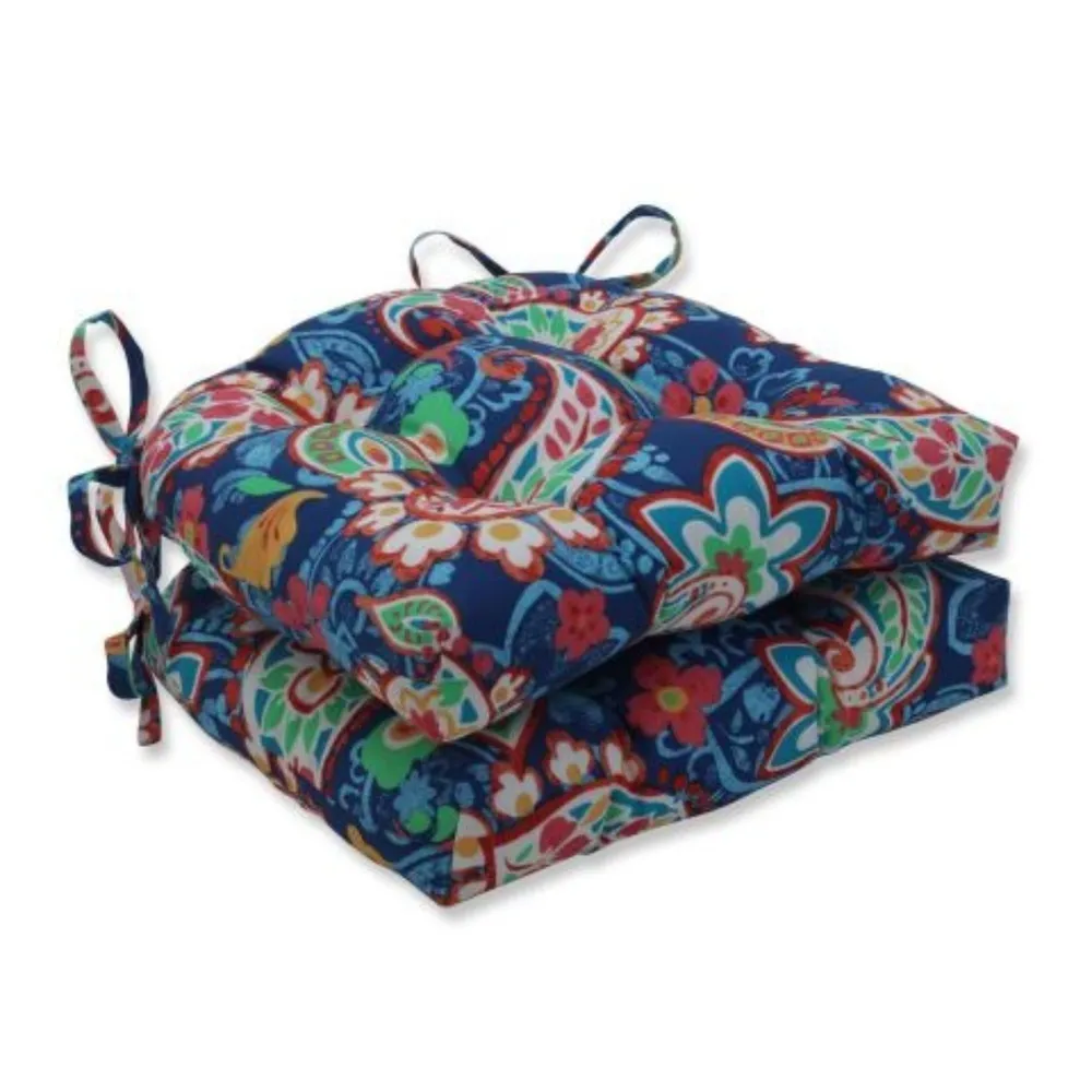Set of 2 Blue and Green Paisley Patio Tufted Reversible Chair Pads 16″