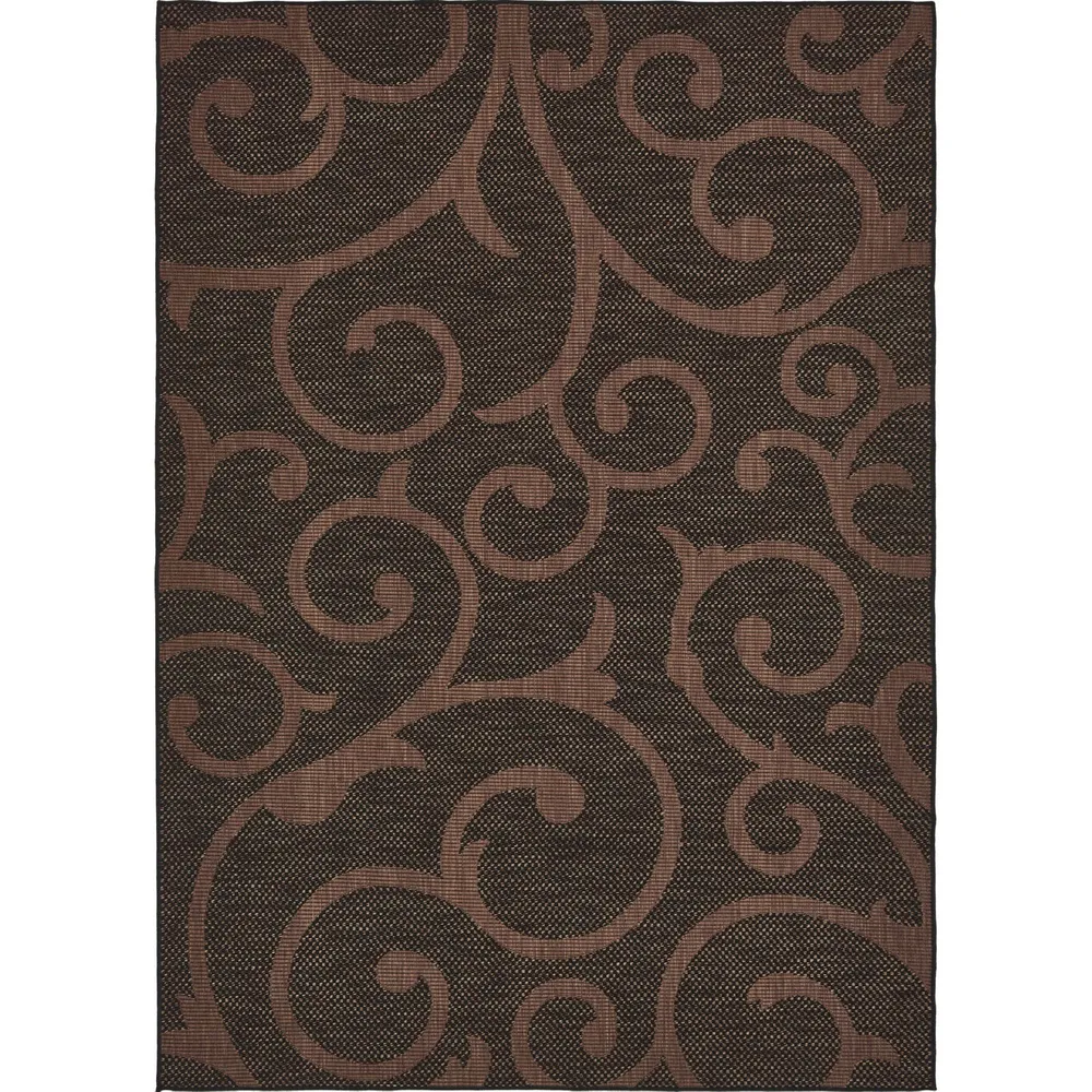 8′ x 11.25′ Chocolate Brown and Black Damask Vine Rectangular Outdoor Area Throw Rug