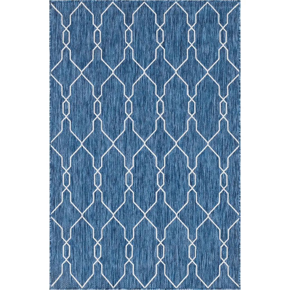 5′ x 8′ Navy Blue and Ivory Geometric Trellis Rectangular Outdoor Area Throw Rug