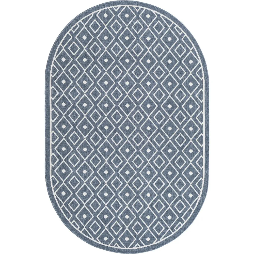 5.25′ x 8′ Geometric Navy Blue and Ivory Outdoor Oval Area Throw Rug