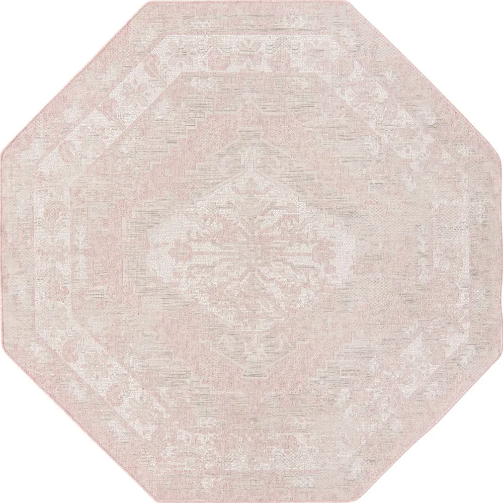 7.75′ x 7.75′ Pink and Ivory Medallion Traditional Octagon Outdoor Area Throw Rug