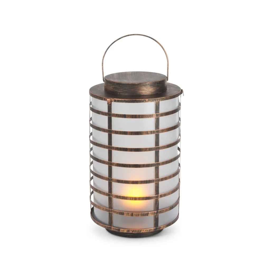 15.5″ Rustic Brown Antique Style Gold Fire Glow LED Lantern with Automatic Timer Feature