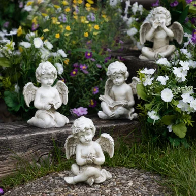 Enchanting Set of 4 Gray Cherub Angel Garden Statues – Heavenly Reminders for Any Space