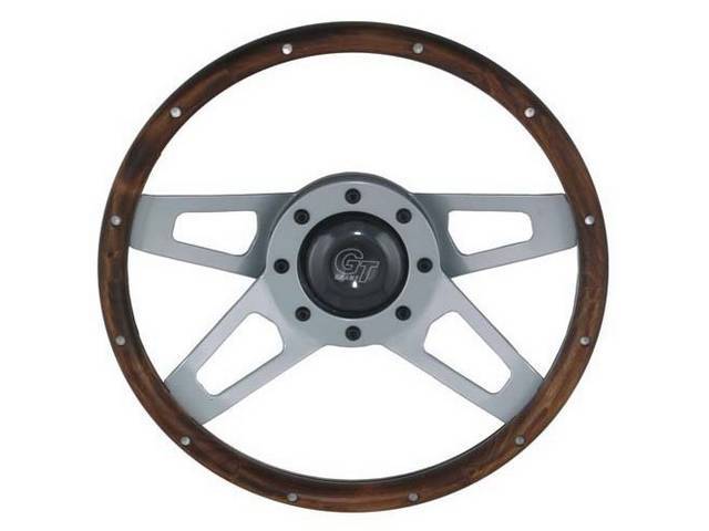 Grant Challenger Steering Wheel, 4 Spoke Walnut Grip with Satin Silver Spokes