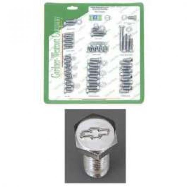 Chevy Bowtie Engine Bolt Kit, With Short Water Pump & Headers, Chrome, Small Block, 1955-1957