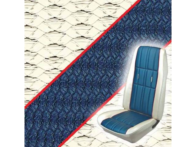 Front Bucket Seat Upholstery Set, Deluxe Sprint, White with Blue Inserts and Vermilion (Red) Piping